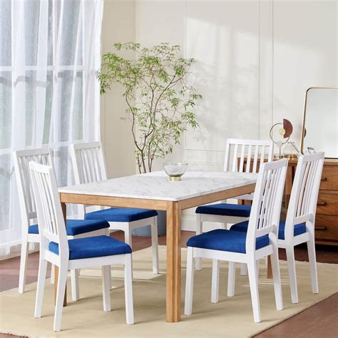Buy Santorini Art Marble Top 6-Seater Dining Set with Chairs - White ...