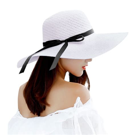 Sun Hats for Women, Large Wide Brim Bowknot Straw Hats, Adjustable ...