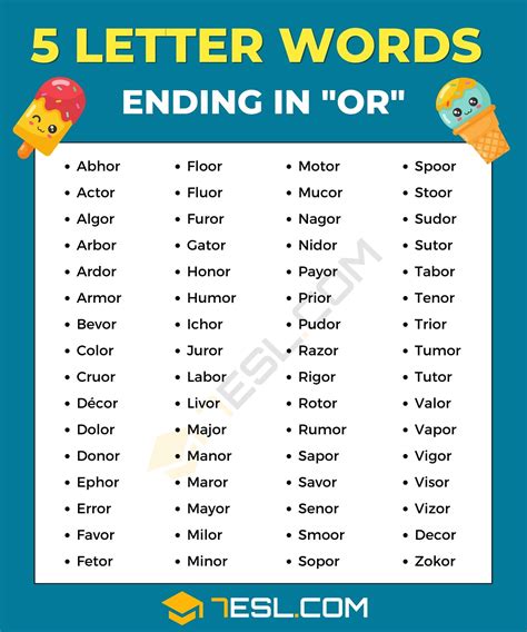5 Letter Words Ending in OR (65 Words in English) • 7ESL