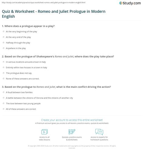 Quiz & Worksheet - Romeo and Juliet Prologue in Modern English | Study.com