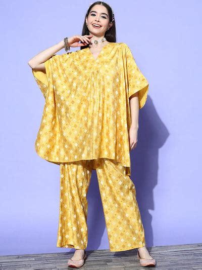 Buy Mustard Printed Silk Blend Kaftan Kaftan With Palazzos Online at Rs ...