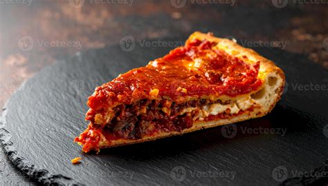 Delicious Slice of Chicago Deep Dish Pizza with Rich Tomato Sauce and ...