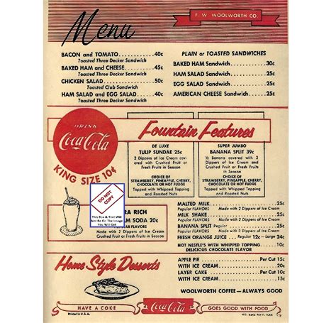 F.W Woolworth Lunch Counter Cafe Menu Vintage Reasturant Menu Retro ...