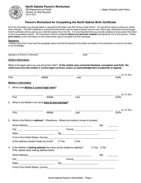North Dakota Parent's Worksheet for Completing the North Dakota Birth ...