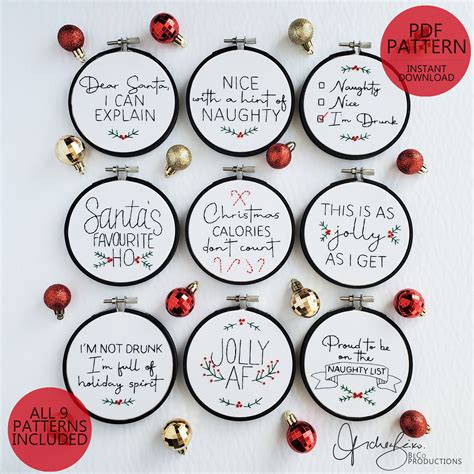 Sassy & Funny Christmas Ornament Embroidery Patterns - 9 Ornament ...