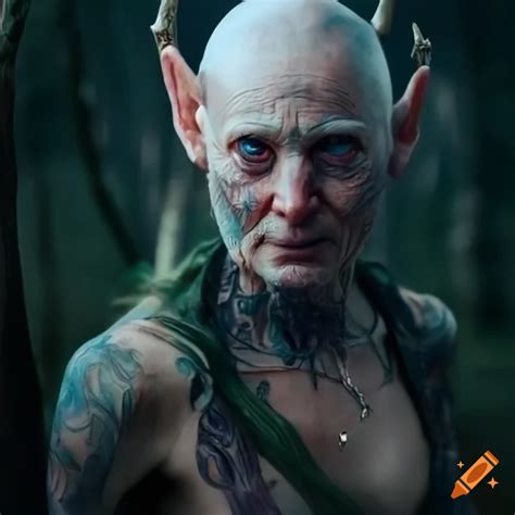 Bald elderly forest elf with horns, tattoos, and piercings on Craiyon