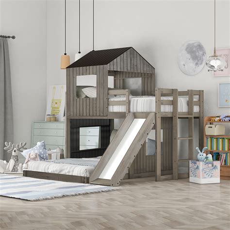 Buy Wooden Loft Bed , Twin Over Full Bunk Bed with Playhouse, Farmhouse ...