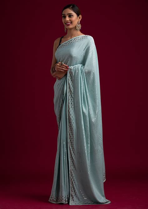 Buy Sky Blue Sequins Semi Crepe Designer Saree - Koskii