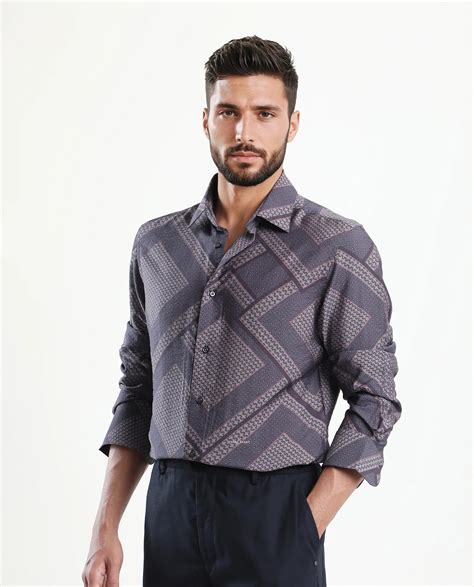 Rare Rabbit Men's Fino Dark Grey Viscose Blend Geometric Print Regular