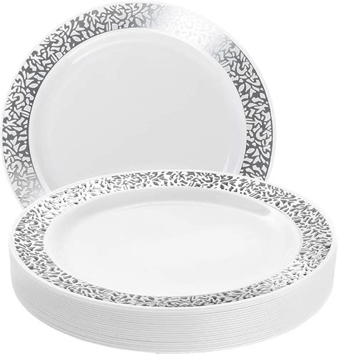 MATANA 20 Premium Plastic Dinner Plate Set with Silver Lace Detail Rim ...