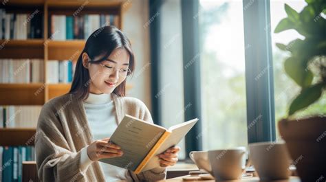 Premium Photo | Young woman readig book at home in front of book shelf