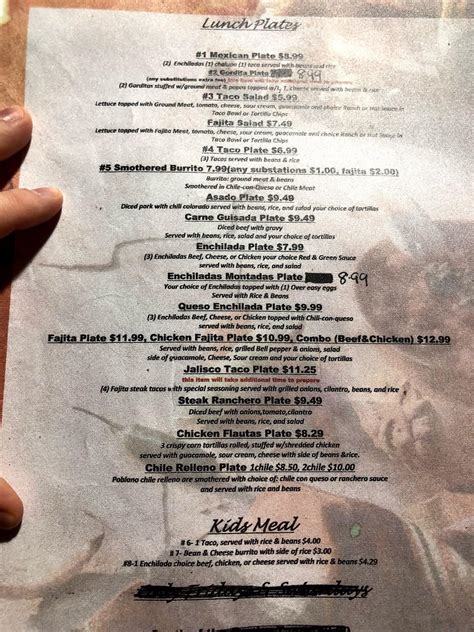 Menu at La Mexicana restaurant, Andrews