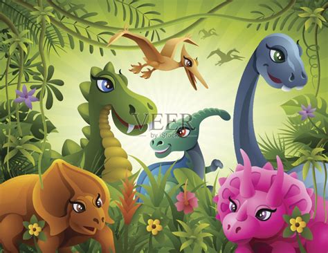侏罗纪,友谊,恐龙,卡通,绘画插图正版插画素材下载_ID:307131634 - Veer图库
