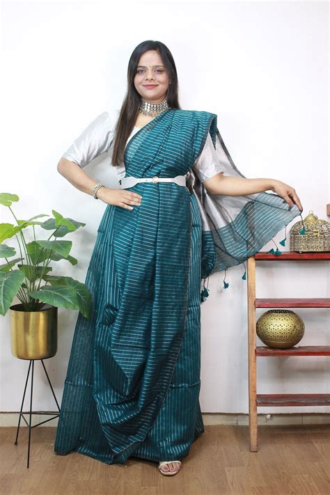 Blue Handloom Bengal Tussar Cotton Silver Zari Stripe Design Saree