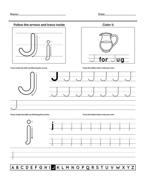 Premium Vector | Alphabet tracing worksheet with letter and vocabulary J
