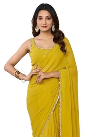 SATAZ Women's Ready to Wear Mustard Yellow Georgette 1 Minute Pre ...
