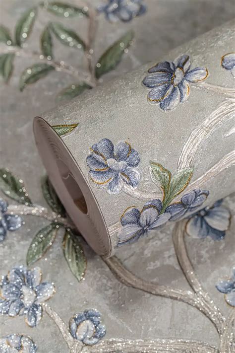Blue Blossom Tree Motif Wallpaper on Light Grey Background | Piwall