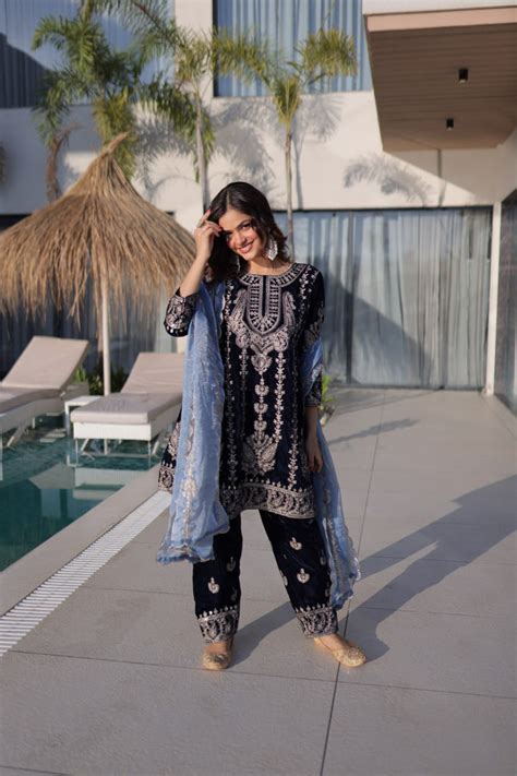Navy Blue Velvet Zari Embroidered Top Pant Set with Sequins