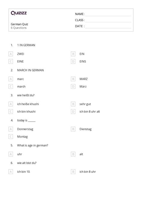 50+ German worksheets for 6th Class on Quizizz | Free & Printable