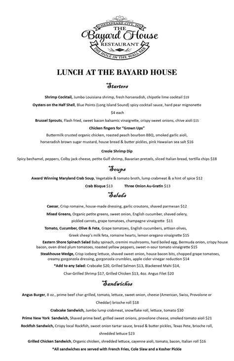 Menu at The Bayard House Restaurant, Chesapeake City