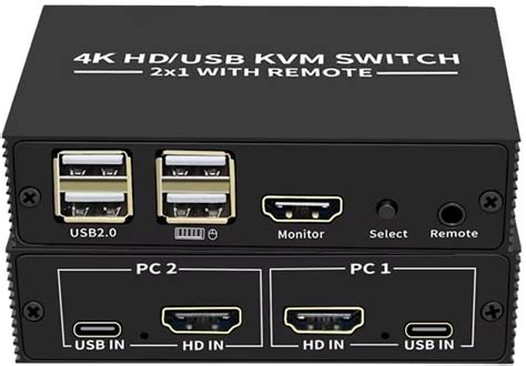 4K HDTV KVM Switch, 2x1 USB Type C with Remote, Dual Computer Monitor ...