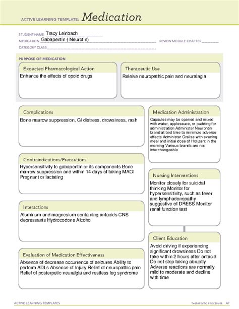 Gabapentin Medication Card - Key Nursing Interventions & Actions - Studocu