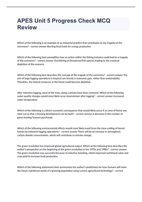 APES Unit 5 Progress Check MCQ Review verified to pass 2023/2024 - Apes ...