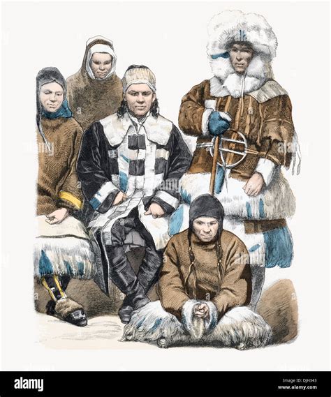 19th century XIX Family of Nomads the Amoor Amur Siberia Steppes In winter fur clothing Stock ...