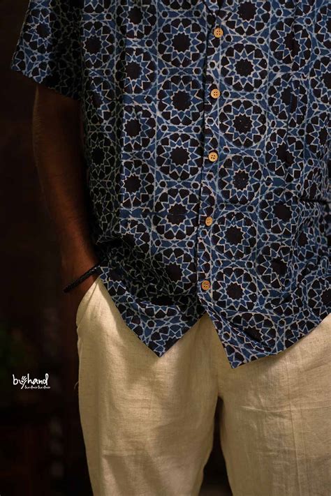 Blue Ajrak Diamond Print Lapel Collar Shirt – Byhand