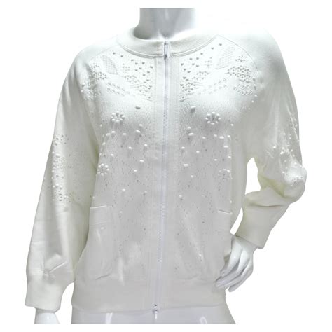 Chanel White Perforated Knit Zip Up Sweater For Sale at 1stDibs