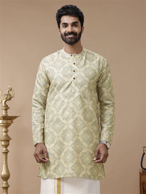 Men Cotton Medium Length Printed Pocket Kurta Yellow RE4