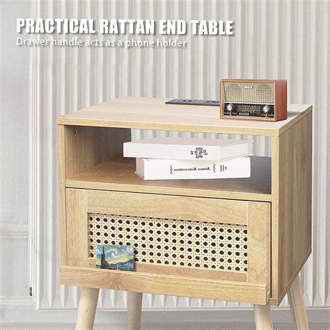 Buy HM HOMEDECO Rattan Side Table with Charging Station Nightstand with ...