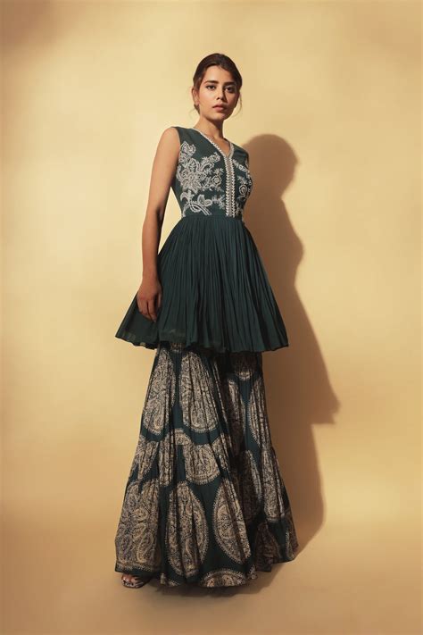Teal Green Embroidered Peplum & Sharara Set – Bhumika Sharma