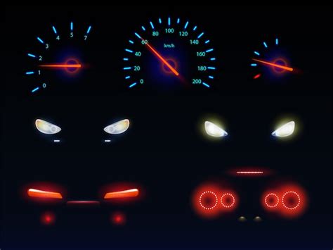 Gloeien in de duisternis blauw, rood en wit licht, auto voor, achter ...