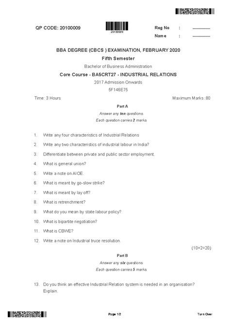 BBA 5th Sem Industrial Relations Core Course Exam QP - Feb 2020 - Studocu