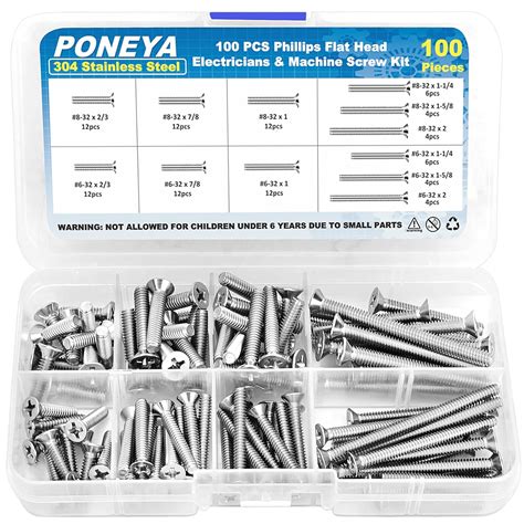 Machine Screws, 100 PCS Phillips Flat Head Electricians Screw Kit #6-32 ...