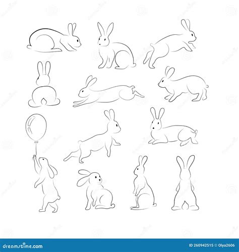 Big Set Of Rabbits Outline Line Art Isolated On White Background, Hares ...