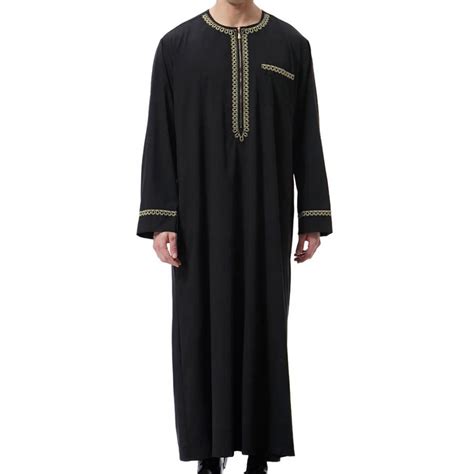 Men's Long Sleeve Embroidered Thawb Dishdasha Jubba Thobe Muslim Kaftan ...