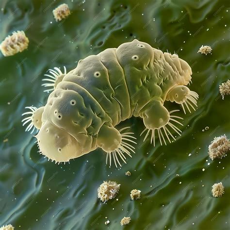 Microscopic View of a Tardigrade aka a Water Bear on a Green Background ...