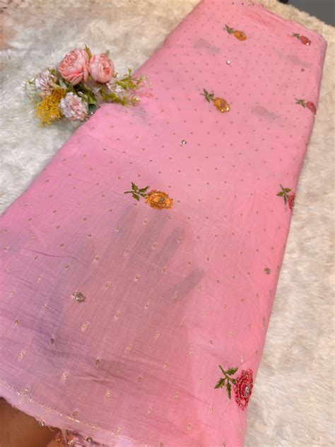 Pink Pure Mul Chanderi Handwork Embroidery All over 44 inch width (R ...