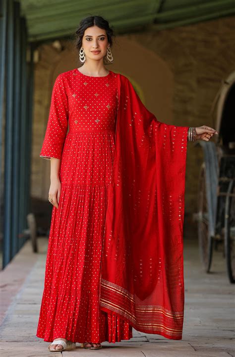 Shop Red Cotton Jacquard Tiered Dress With Dupatta- Elegant Ethnic Wear ...