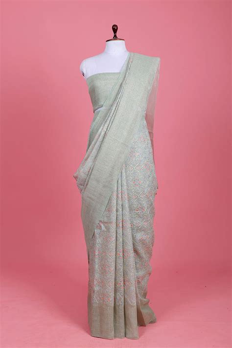 Powder Green Embroidered Linen Saree – Chinaya Banaras