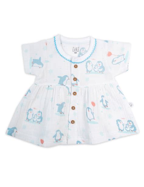 Crinkled Muslin Baby Frock - Penguin Patrol Light Blue – Dear Little