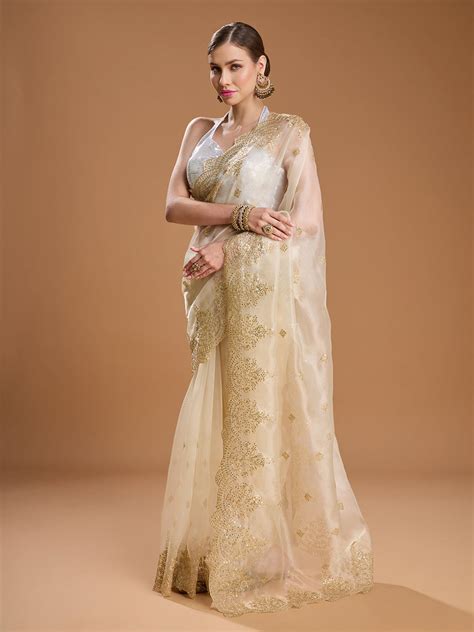 Buy Cream Net Sequins Embroidered Designer Saree With Blouse 93611 ...
