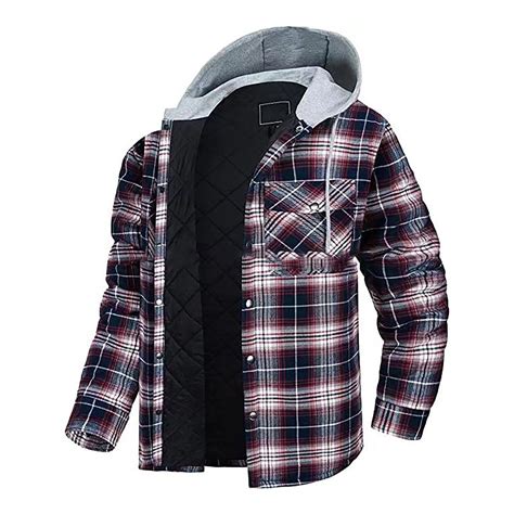 Men's Long Sleeve Lined Flannel Shirt Jacket with Hood Men's Cotton ...