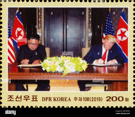 2019 North Korea stamp. First DPRK-US Summit - Kim Jong Un and Donald J ...