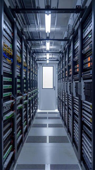 Camera slide trough shot of a working data center with rows of rack ...