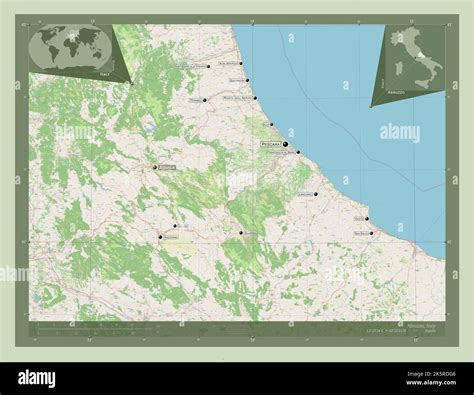 Abruzzo, region of Italy. Open Street Map. Locations and names of major ...
