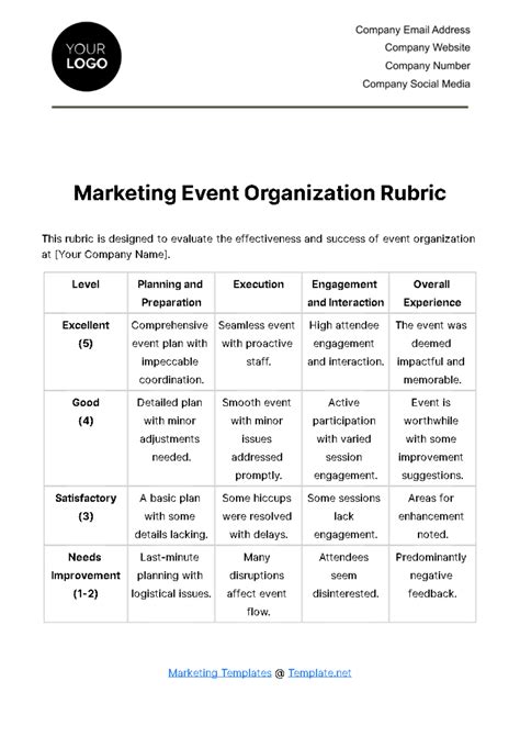 Free Marketing Event Organization Rubric Template to Edit Online