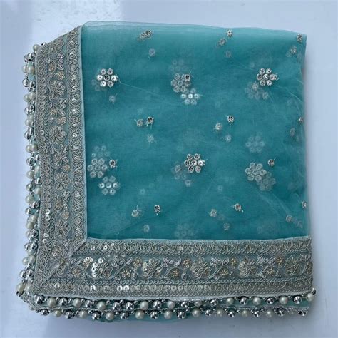 Bridal Tara Blue Silver Embroidered Net Sequin Dupatta – anokherang